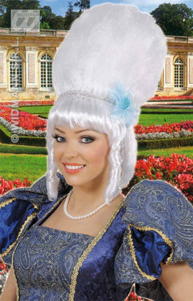 Feestaccessoires: Pruik Marquise met parels en blauwe bloem