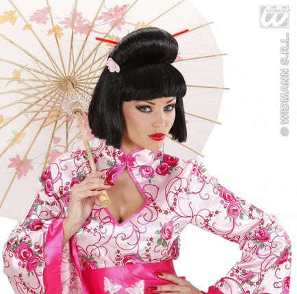 Feestpruik: Geisha met bloem en stokjes