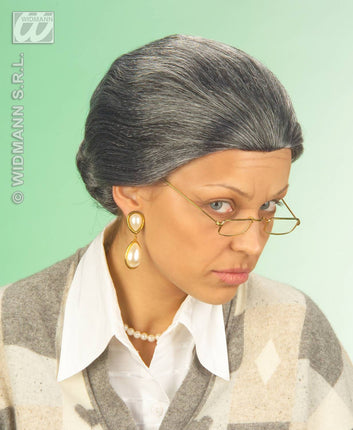 Party-kleding: Pruik, oma de luxe, in doos