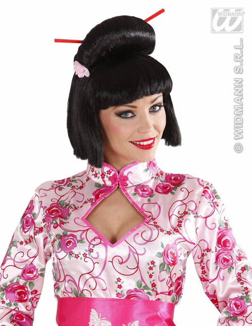Feestpruik: Geisha met bloem en stokjes