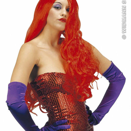 Party-kleding: Pruik, Jessica in de kleur rood