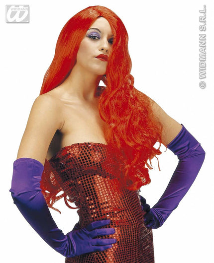 Party-kleding: Pruik, Jessica in de kleur rood